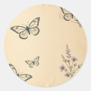 Sticker Rond Textes vintages avec des papillons de croquis