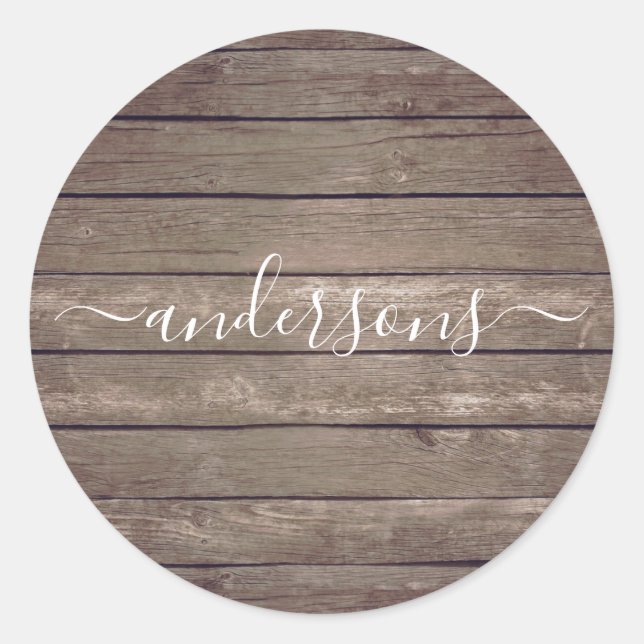 Sticker Rond Texture en bois rustique Script de signature perso (Devant)
