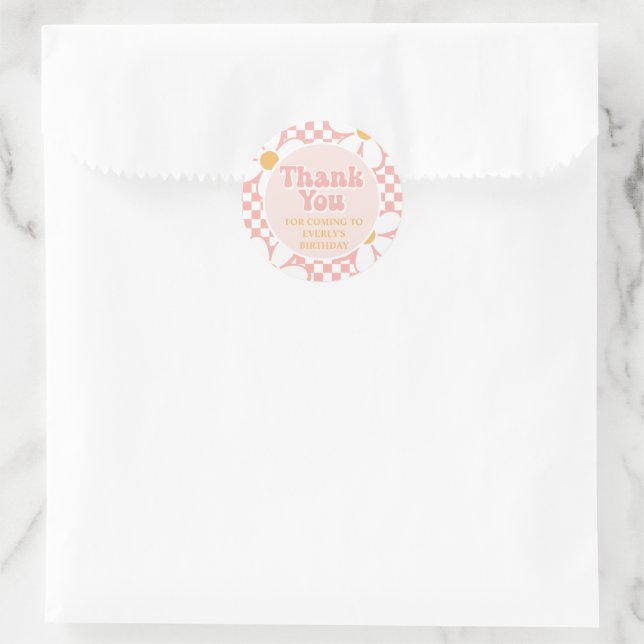 Sticker Rond Thank you retro Pink Daisy Checker (Sac)