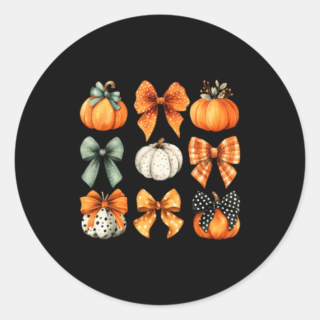 Sticker Rond Thanksgiving Autumn Fall Leaves Coquette Bow Pumpk (Devant)