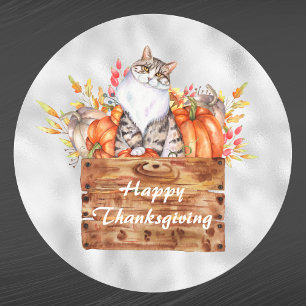 Sticker Rond Thanksgiving Orange Chat Citrouille Floral