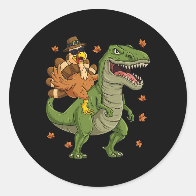 Sticker Rond Thanksgiving Turquie Riding T Rex Dinosaur Toddler (Devant)