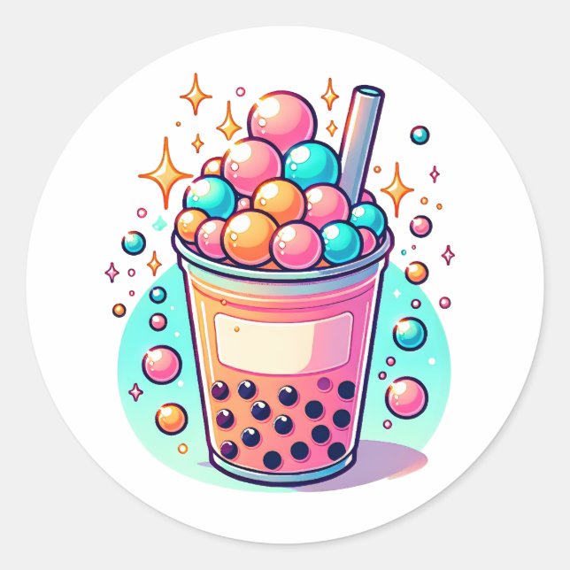 Sticker Rond Thé à bulles rose et bleu (Devant)