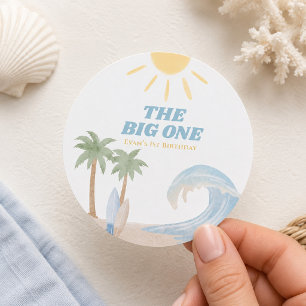 Sticker Rond The Big One Beach Surf Été Aquarelle Côtière