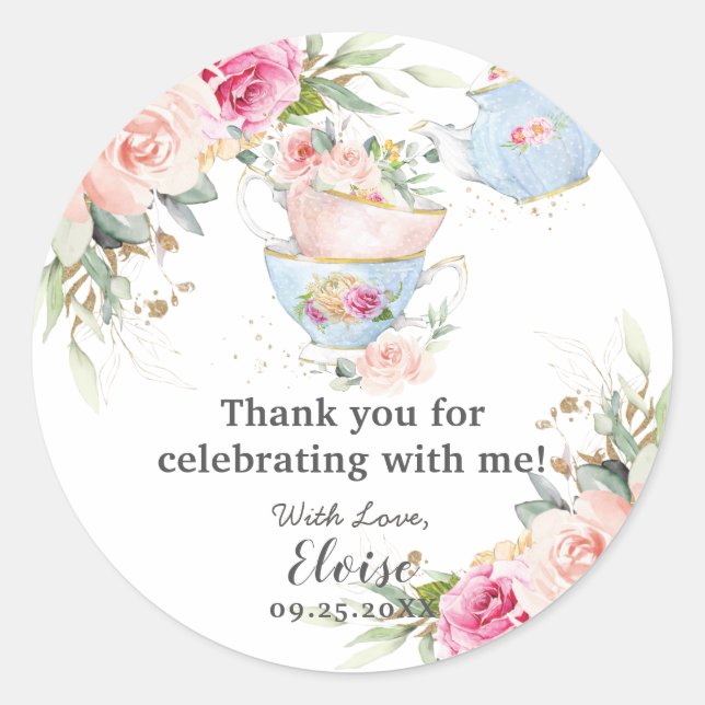 Sticker Rond Thé Dansant Fleur Rose Baby Shower Mariage Anniver (Devant)
