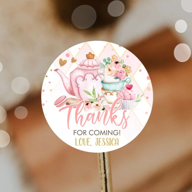 Sticker Rond Thé de fête pour deux fleurs roses brasser Anniver (Créateur téléchargé)