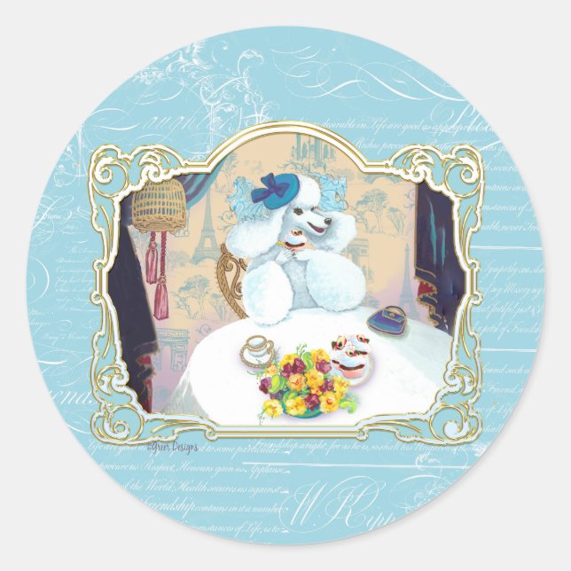 Sticker Rond Thé et poivrons Tea Party de caniche blanc (Devant)