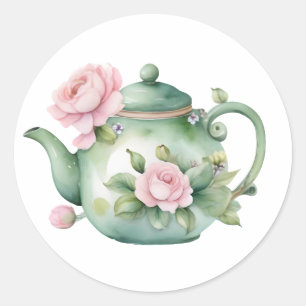 Sticker Rond Théière à l'aquarelle mignonne avec pivoines roses