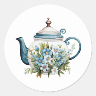 Sticker Rond Théière aquarelle avec fleurs bleues blanches Clas