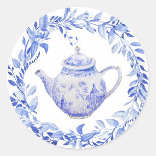 Sticker Rond Théière Bleue et Blanche avec Guirlande 