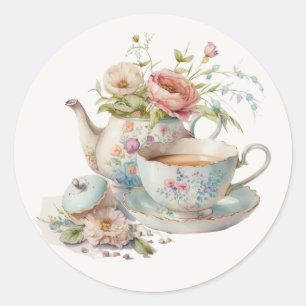 Sticker Rond Théière classique à motif floral aquarelle mignonn