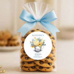 Sticker Rond Théière Fleurs Jaunes Bleues 100e Anniversaire