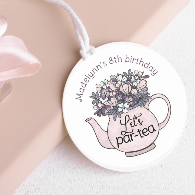 Sticker Rond Théière florale Fête d'anniversaire girly en thé (Girls Birthday Tea Party Stickers - Use for tags or favor labels!)