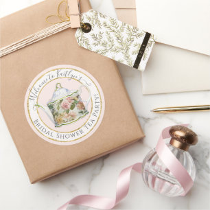 Sticker Rond Théière florale rose aquarelle Shower de mariage