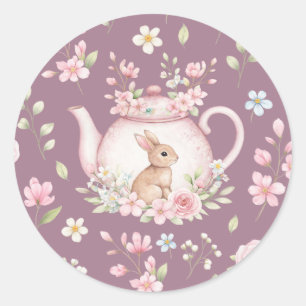 Sticker Rond Théière Lapin Mignon Fleurs Roses Printemps