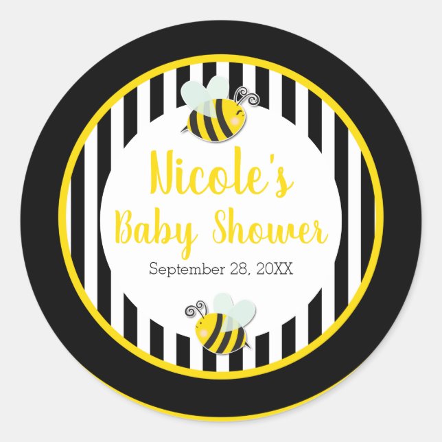 Sticker Rond Thème abeille noir blanc jaune Bumble Baby Shower (Devant)