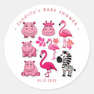 Sticker Rond Thème Animaux Safari Rose Fille Fête d'anniversair