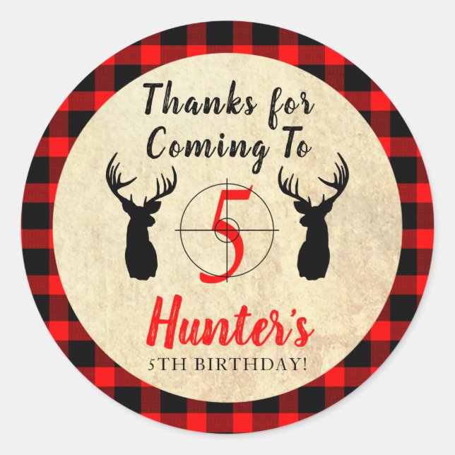 Sticker Rond Thème Chasse aux Cerfs Anniversaire Merci (Devant)