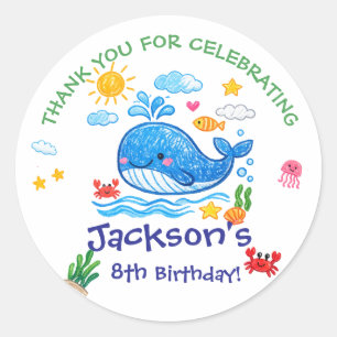 Sticker Rond Thème de baleine Été Enfants Anniversaire Merci 