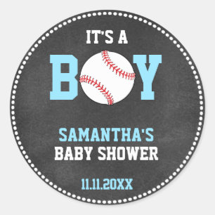 Sticker Rond Thème de baseball Bébé Douche Chalkboard Blue Boy