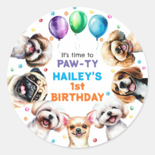 Sticker Rond Thème de chien fête d'anniversaire