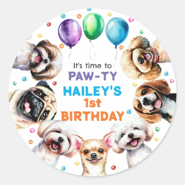 Sticker Rond Thème de chien fête d'anniversaire (Devant)