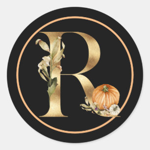 STICKER ROND THÈME DE CHUTE MONOGRAMME R AVEC CITROUILLE