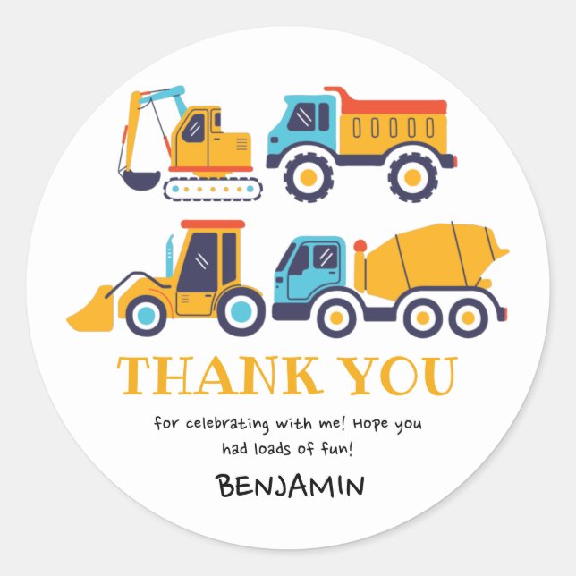 Sticker Rond Thème de construction Anniversaire Camion de pompa (Devant)