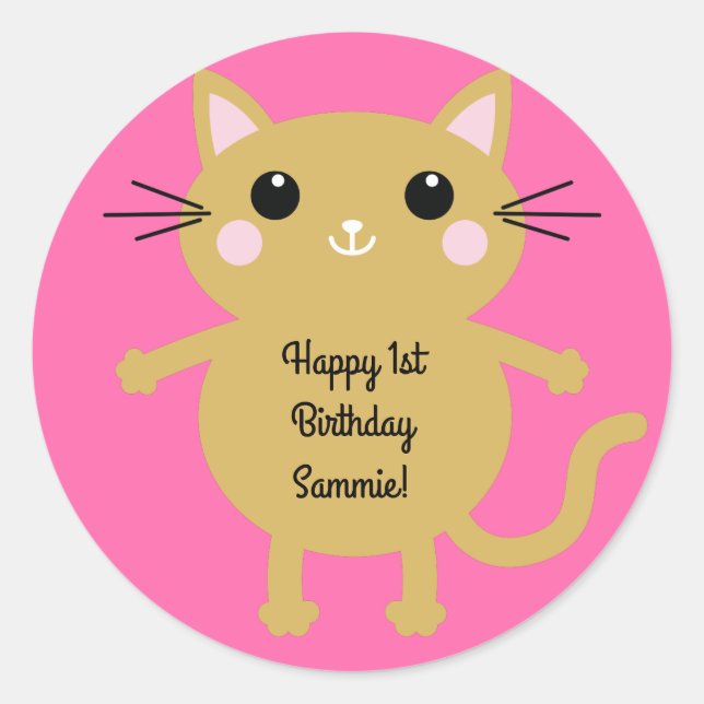 Sticker Rond Thème de fête d'anniversaire de Cat Cute Kitty (Devant)