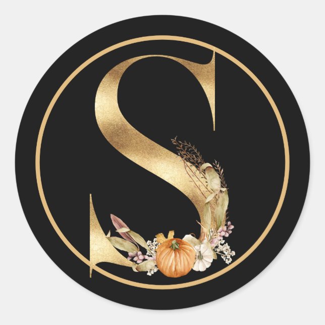 STICKER ROND THÈME DE LA CHUTE MONOGRAMME D'OR S AVEC CITROUILL (Devant)