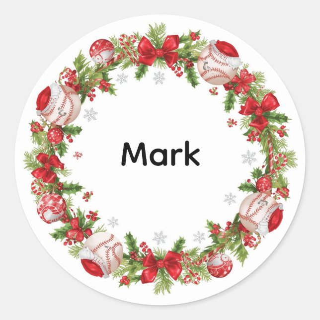 Sticker Rond Thème de Noël de la couronne de baseball (Devant)