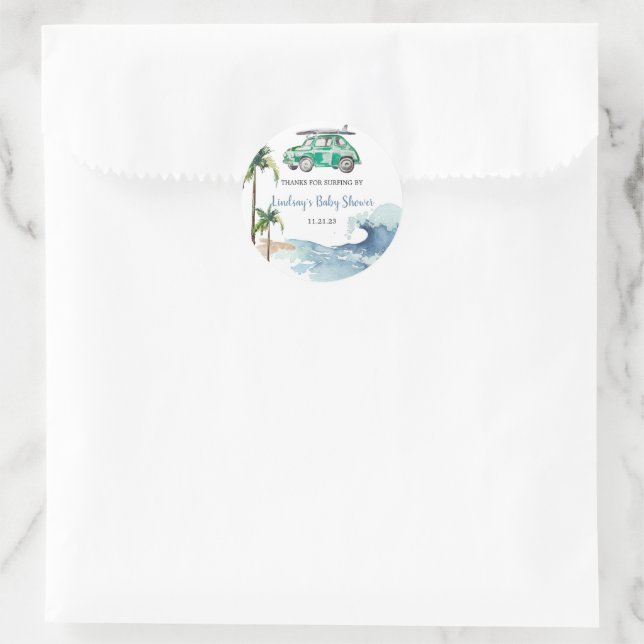 Sticker Rond Thème de surf Baby shower Invitation Plage Bébé (Sac)