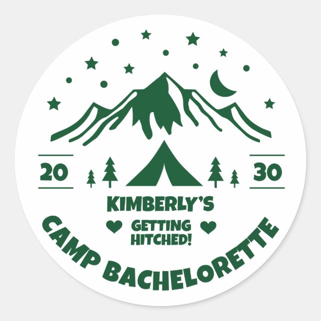 Sticker Rond Thème Enterrement de Vie de Célibataire Camping (Devant)