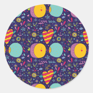 Sticker Rond Thème marin Ancre Poisson Starfish Seahorse