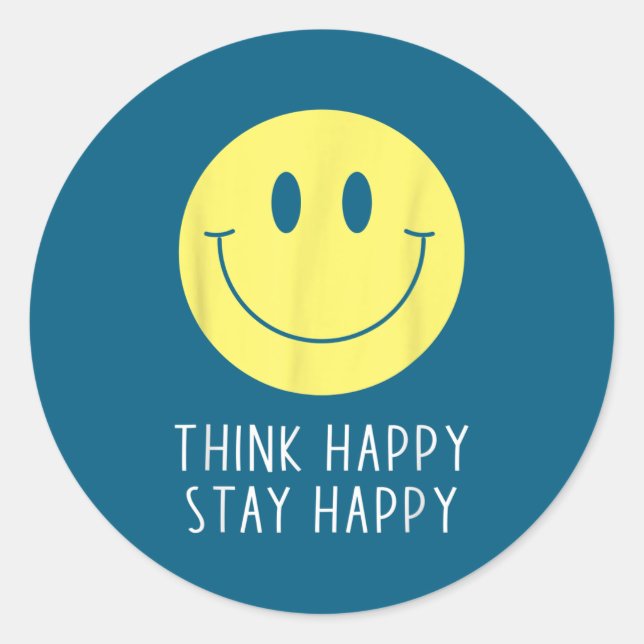 Sticker Rond Think Happy Stay Happy Motivation Quote Yellow Smi (Devant)