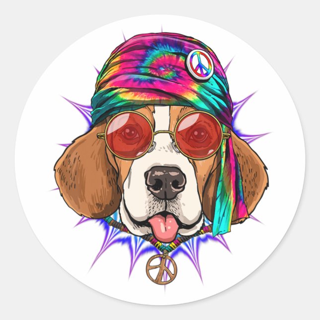 Sticker Rond Tie Dye Hippie Beagle Hippie Paix amour chien (Devant)