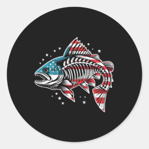 Sticker Rond Tie Dye Skeleton Saumon American 4 juillet Fish