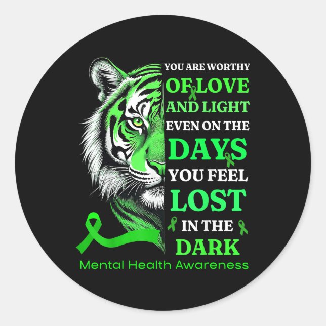 Sticker Rond Tiger Motivation vert Ruban santé mentale Awar (Devant)
