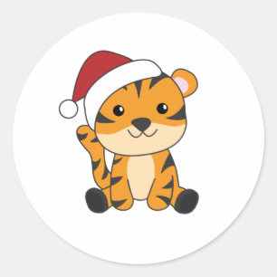 Sticker Rond Tiger Noël Neige hiver Animaux Tiger