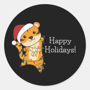 Sticker Rond Tiger Noël Neige hiver Animaux Tiger Classic