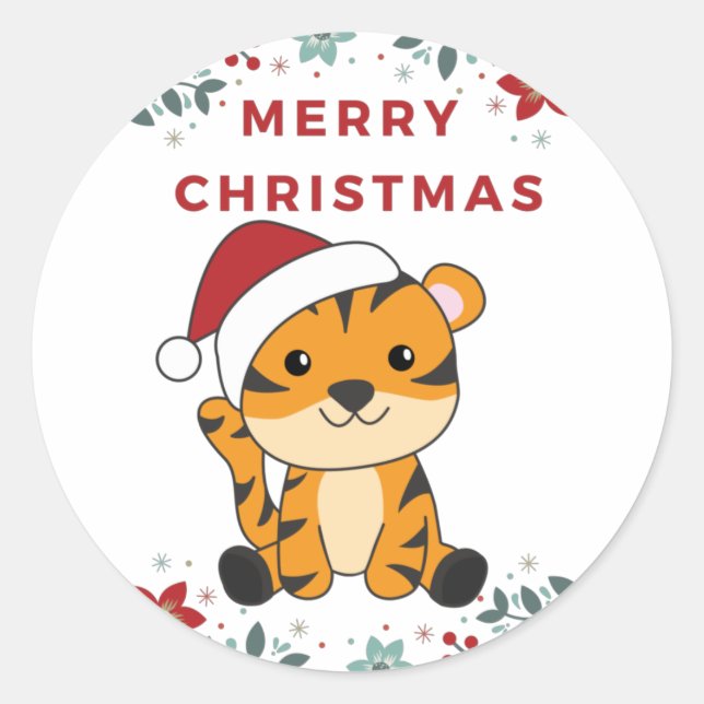Sticker Rond Tiger Noël Neige hiver Animaux Tiger Classic (Devant)
