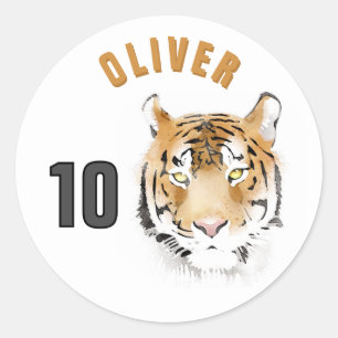 Sticker Rond Tiger Tête Aquarelle Nom Anniversaire