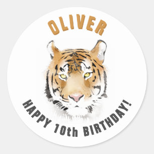 Sticker Rond Tiger Tête Aquarelle Nom Anniversaire