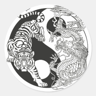 Sticker Rond Tigre blanc contre dragon vert dans le yin