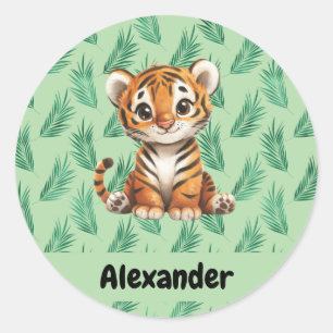 Sticker Rond Tigre de dessin mignon sur Feuilles tropicaux