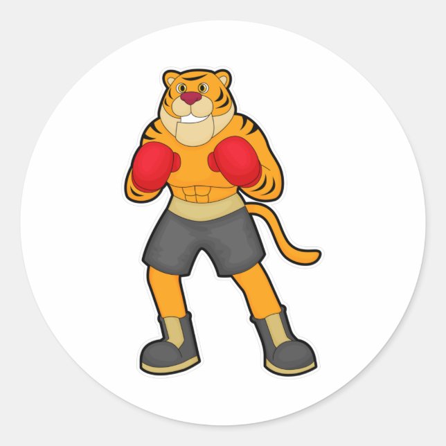 Sticker Rond Tigre en boîte avec gants de boxe (Devant)