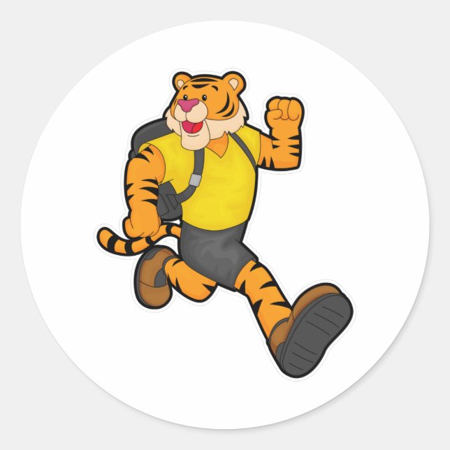Sticker Rond Tigre en marche avec sac à dos (Devant)