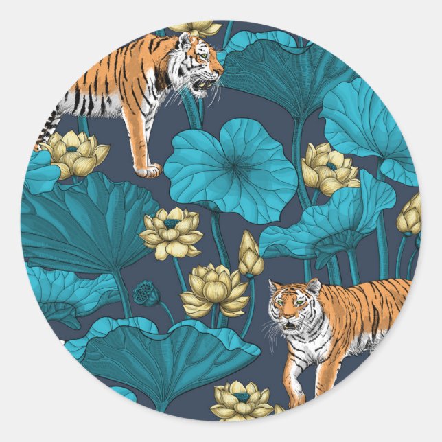Sticker Rond Tigres dans l'étang jaune de lotus (Devant)