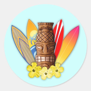 Sticker Rond Tiki Mask and Surfboards