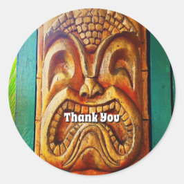 Sticker Rond Tiki Merci Fun Cool Hawaii Tropical Wood Face